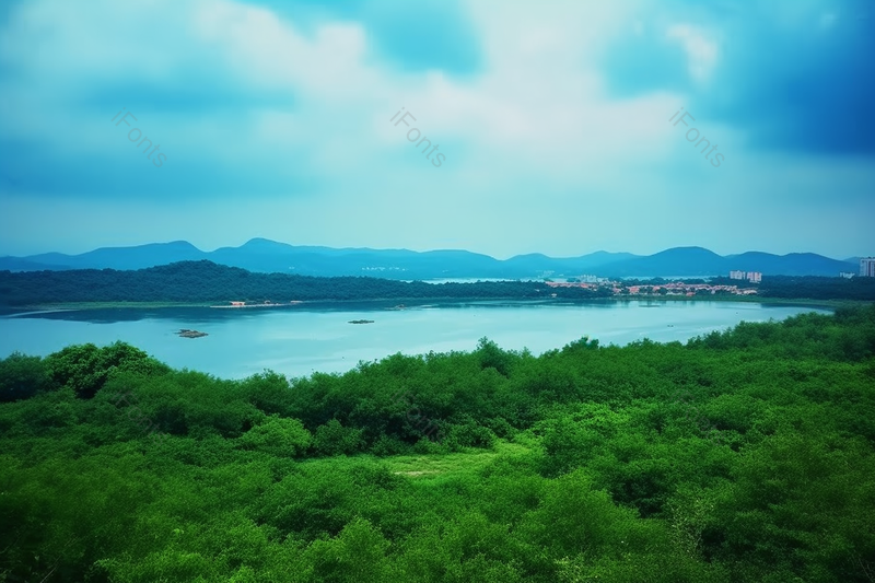 绿色浓密草江南人家河流远处风景背景,高清,摄影图,摄影图片,图片大全,摄影图免费下载